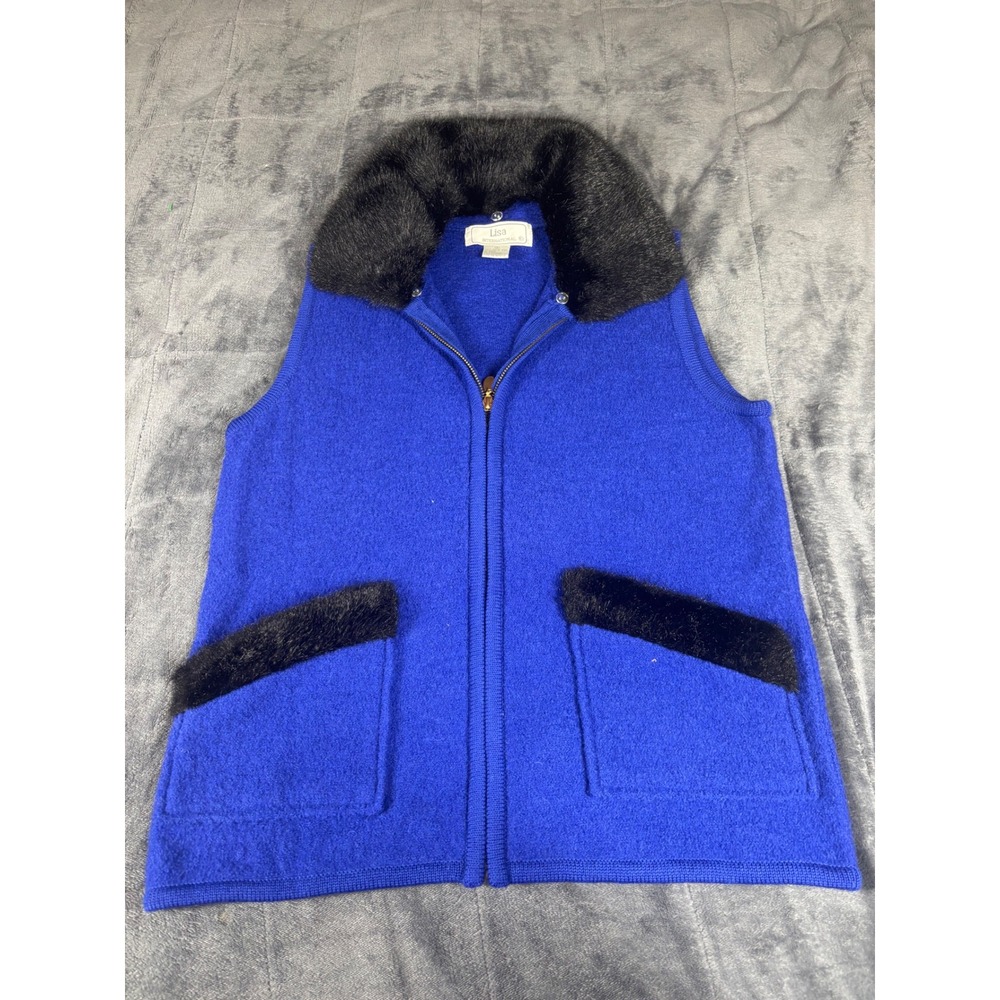 Lisa International‎ Womens Blue Boiled Wool Faux Fur Trim Full Zip Vest Small